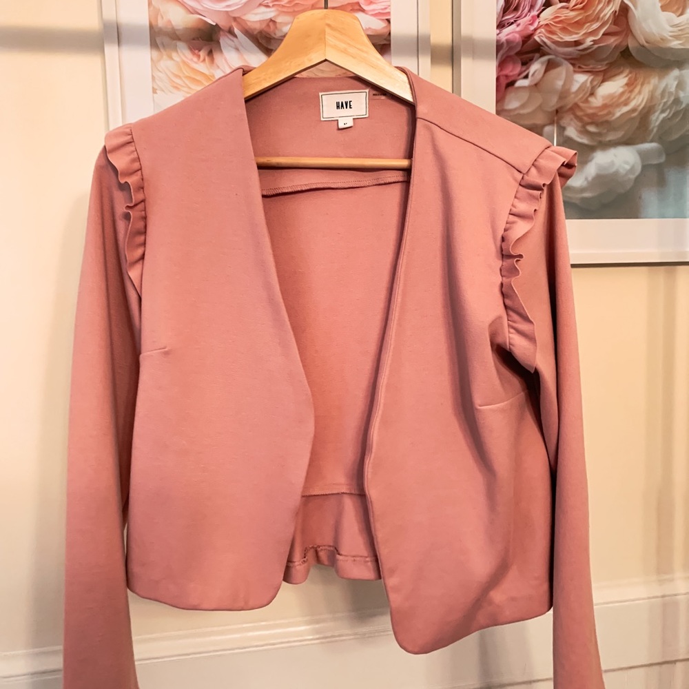Pastel purple blazer with ruffles in the sides